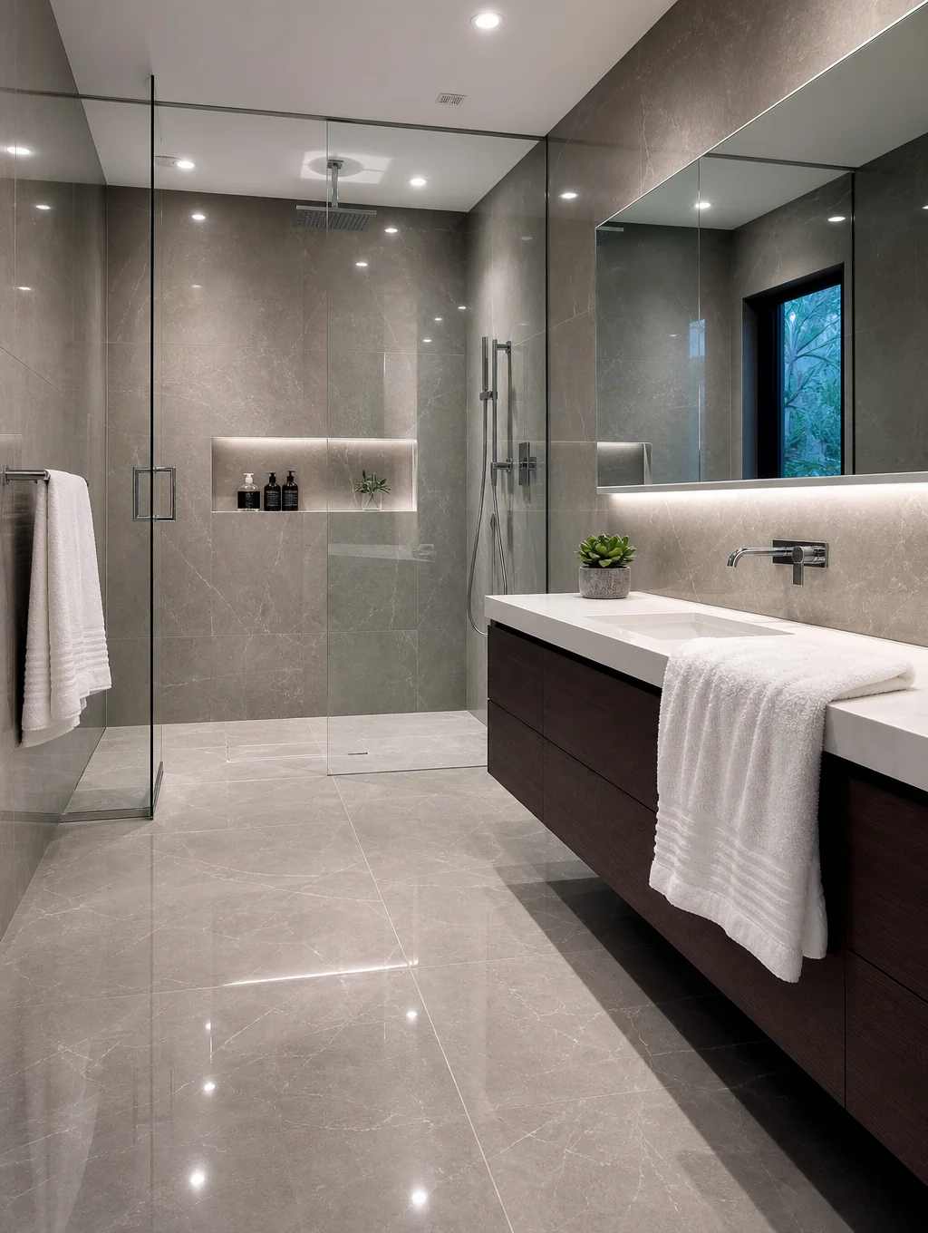 Finished bathroom remodel with custom tile shower and modern vanity