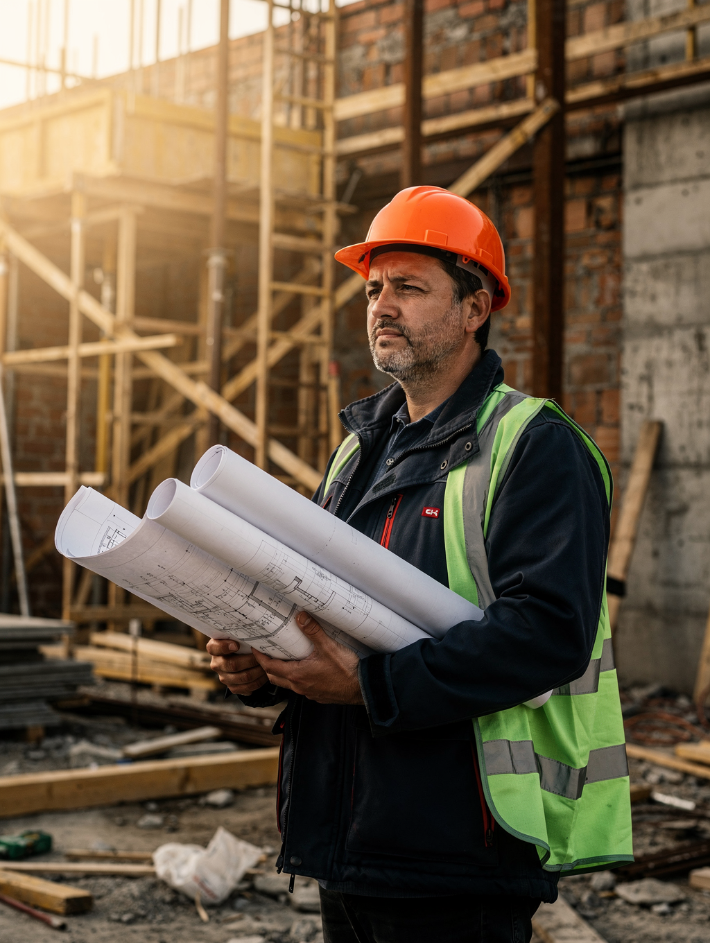 Contractor overseeing residential construction work and structural framing