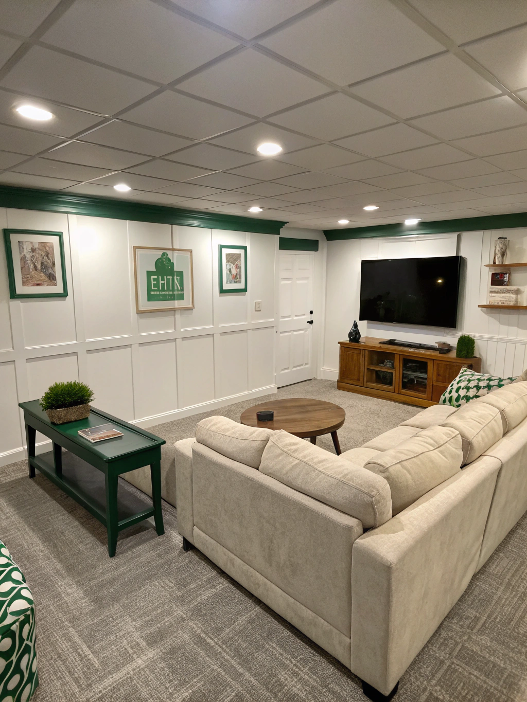 Finished basement remodeling project with recreation lounge and custom wet bar in Northern Virginia