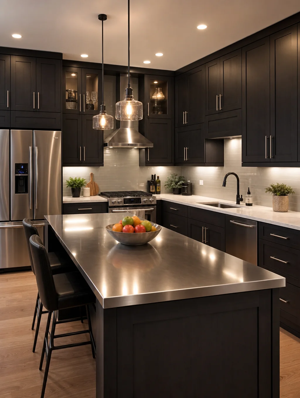 Modern kitchen remodel featuring custom wood cabinetry, quartz island countertops, and recessed architectural lighting